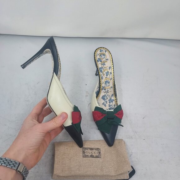 Gucci Sackville Leather Bow Mid Heel Mules - Picture 1 of 11
